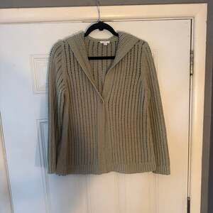 J. Jill Sage Green Chunky Crochet Open Knit Single Button Hooded Cardigan